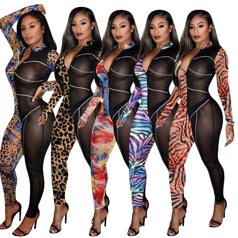 Hot Deal 2022 ladies bodycon sexy seethrough jumpsuit long sleeve mesh jumpsuits women 2022
