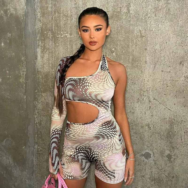 Price Buster 2022 Sports Fashion Printed Irregular Halter Bodysuit Long Sleeve Jumpsuit Off Shoulder Jumpsuit For Women
