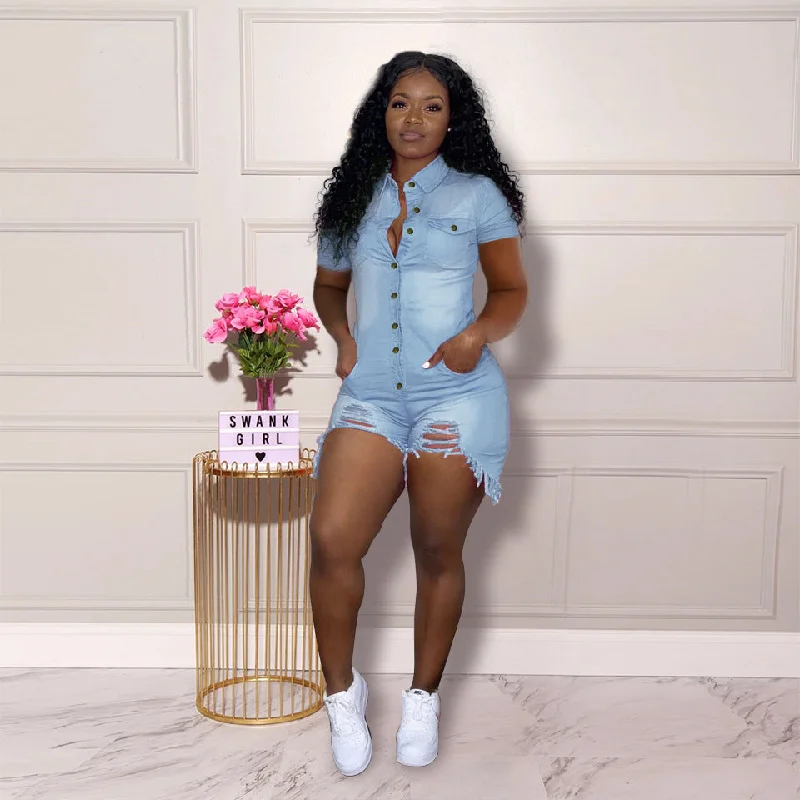 Blowout Deals 2022 summer women ripped bodycon short jumpsuits one piece denim short sleeved jumpsuit with pockets