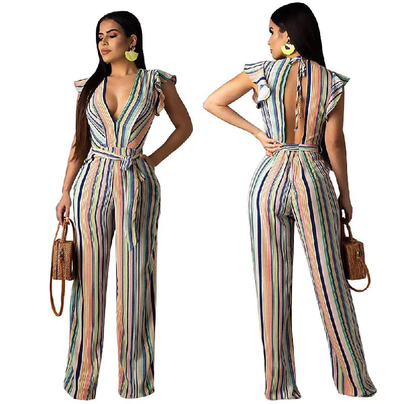 Special Price 20520-MX25 sehe fashion leisure office deep v striped jumpsuit women