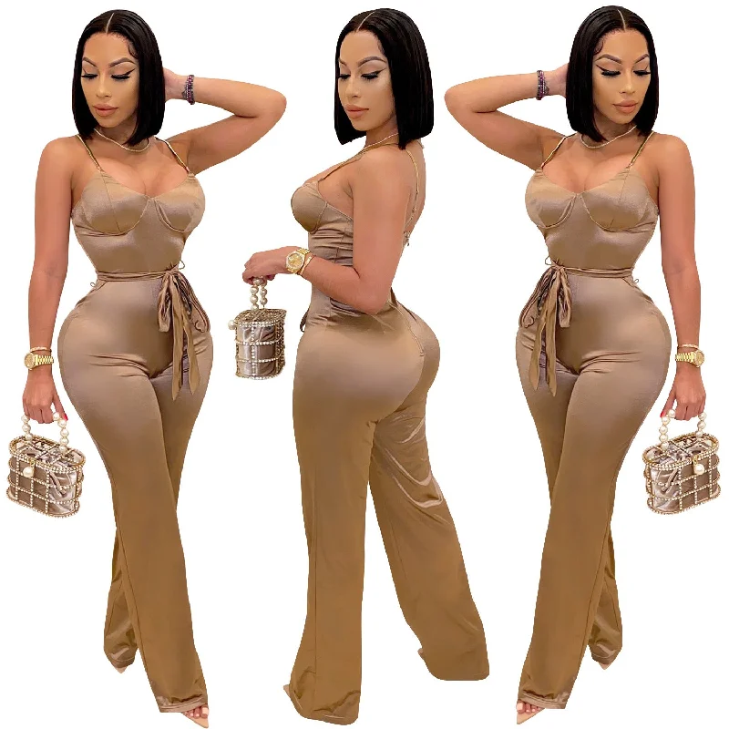 Best Bargains 21009-MX69 Halter Onesie Straight Pants Women Sexy Jumpsuit With Belt