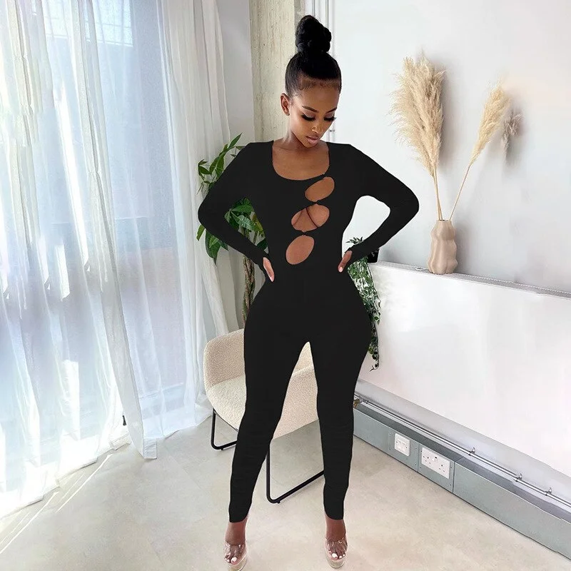 Low Prices 3 Circle Hollow Cut Long Sleeve Jumpsuits