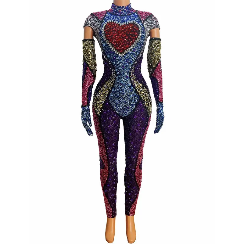 Limited Quantity AD1469 Kimshein Luxury Clothing Women Handmade Crystal Playsuit Bodysuits Long Sleeve Colorful Rhinestone Big Diamond Jumpsuits