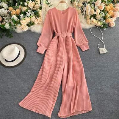 Autumn and winter new style solid color temperament round neck long-sleeved waist belt thinner pleated wide-leg jumpsuit