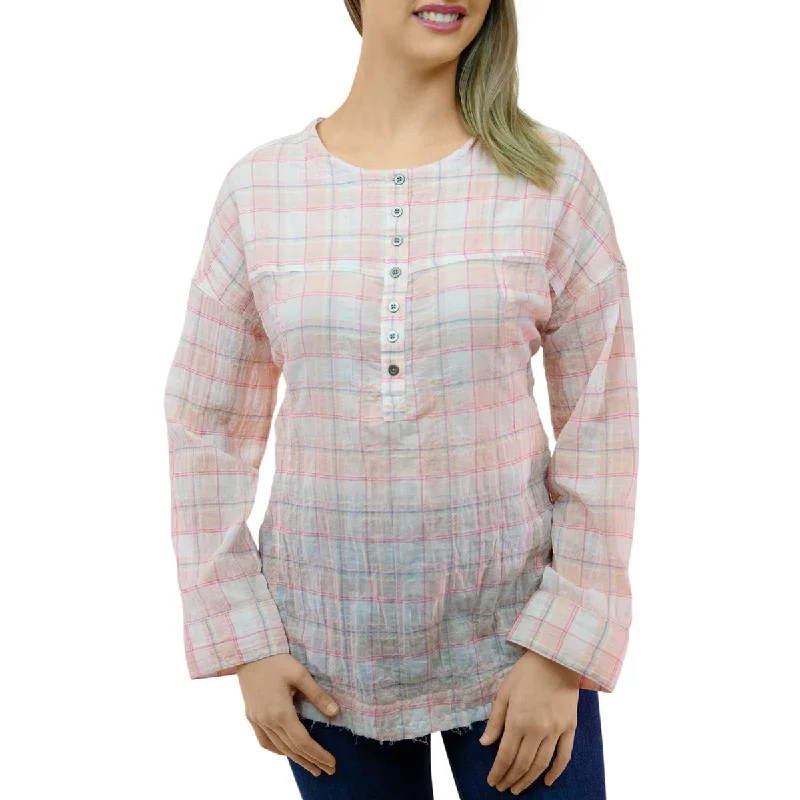 Warehouse Sale Beach Lunch Lounge Womens Mia Pucker Plaid Round Neck Tunic Top