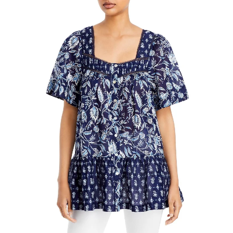 Beach Lunch Lounge Womens Nica Square Neck Printed Button-Down Top