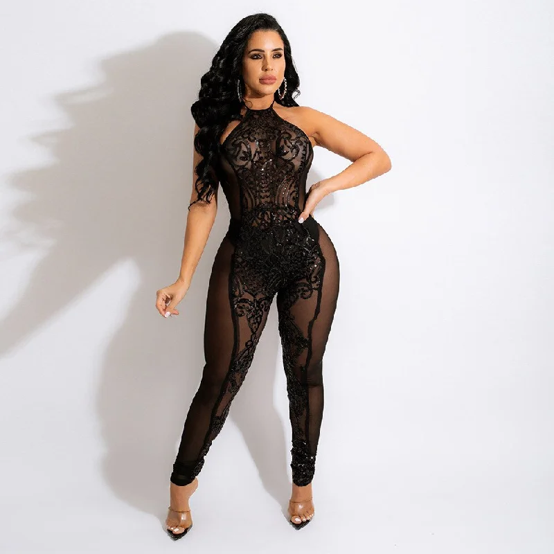 Black Mesh Sequin Halter Backless Jumpsuit