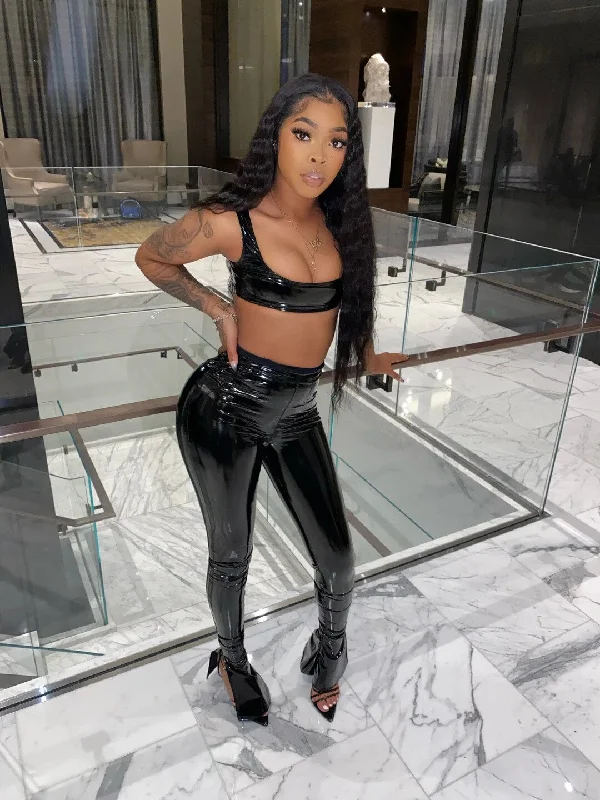 Sneak Peek Sale Black Pu Leather Tank Crop Top and Pants Set