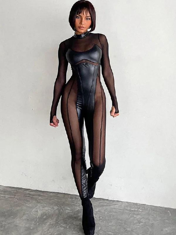 Black Pu Mesh Jumpsuits