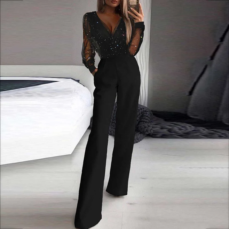 Black V-Neck Mesh Long Sleeve Sequins Jumpsuit