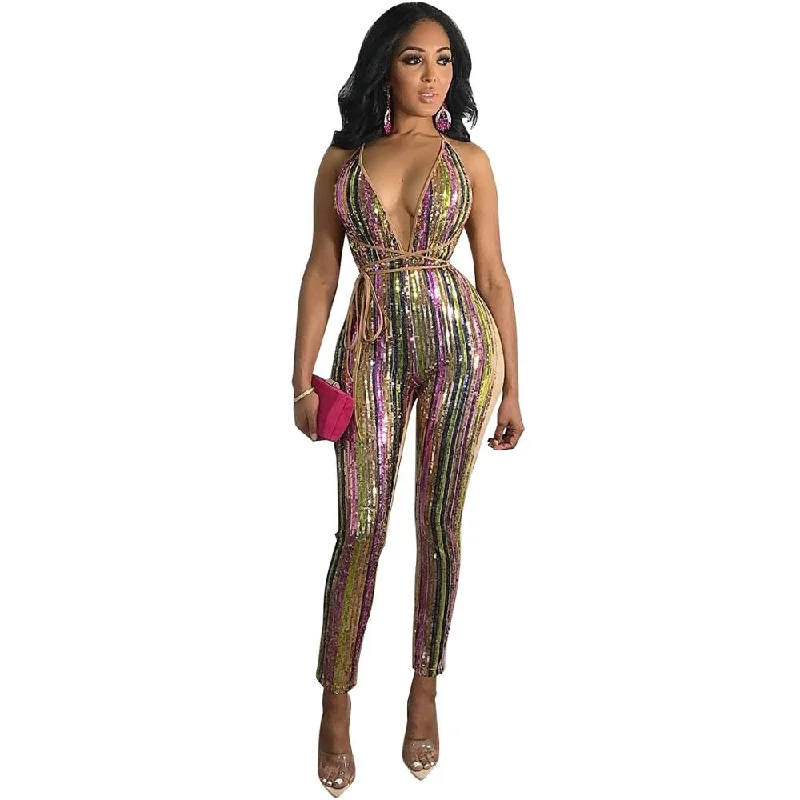 Friends and Family Sale lure Striped sequined mutilcolored deep v backless patchwork clubwear jumpsuit Friends and Family Sale lure Striped sequined mutilcolored deep v backless patchwork clubwear jumpsuit
