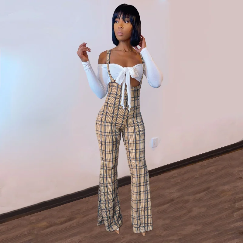 Limited Time Offer new 2022 winter long sleeve plaid jumpsuit off shoulder 2 piece jumpsuits fall clothing for women