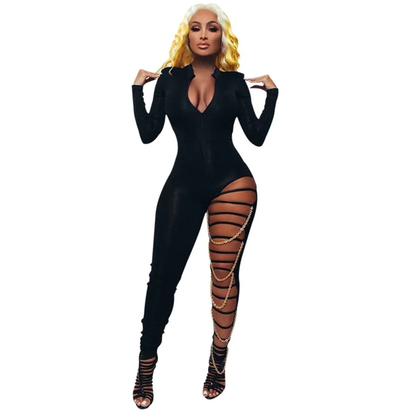 Massive Deals One Leg Hollow Out Chain Jumpsuits