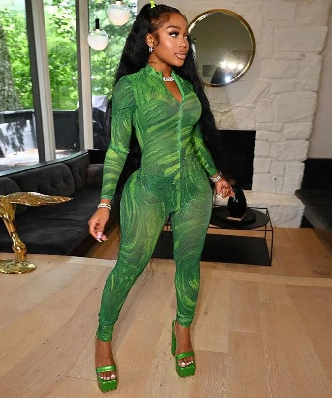 Overstock Sale Printed Long Sleeve Stretchy Jumpsuits