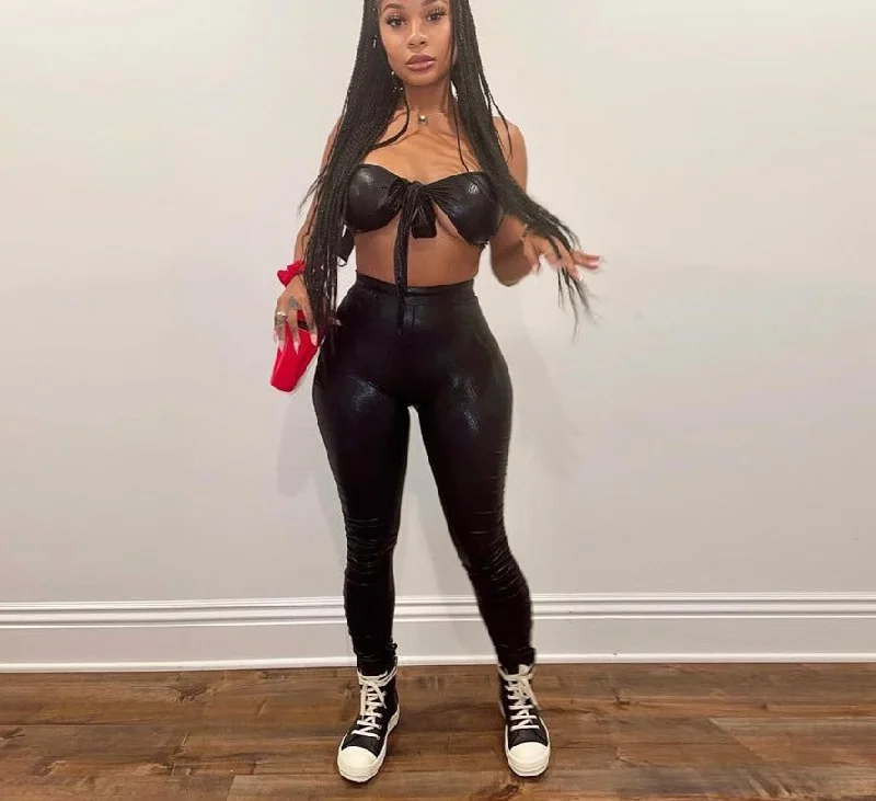 Can't Miss PU Leather  Criss Cross V Sleeveless Top & Pants