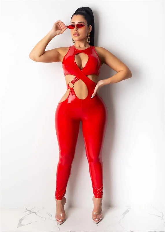 Discount Days Pu Leather Hollow Cross Jumpsuits