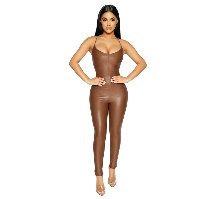 Act Fast Pu Leather Sleeveless Backless Jumpsuits