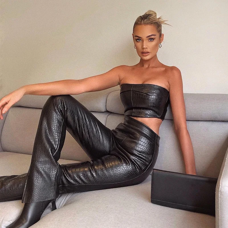 Weekend Special Pu Leather Strapless Crop Tube Pants Set
