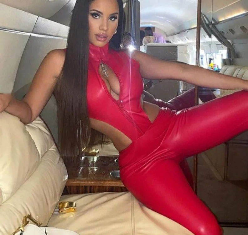 Exclusive Access Red PU Leather Hollow Ribs Backless Flare Jumpsuit