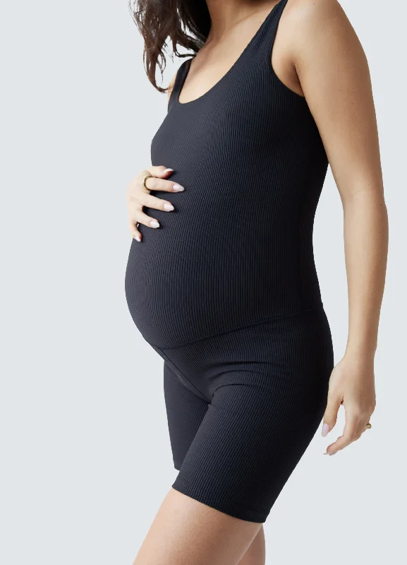 Extra Discounts Rib Maternity Bike Short Acitve Unitard Romper Black