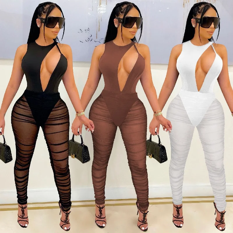 Value Deals Sheer Mesh Sleeveless Deep Hollow V Jumpsuits