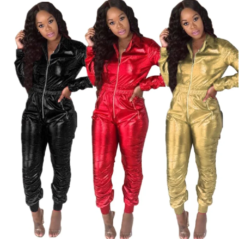 Weekend Deal Shiny Metallic Long Sleeve Jumpsuits