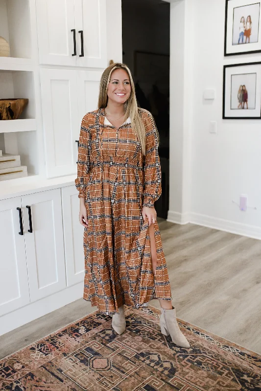 Super Bargain Slit Plaid Tie Neck Long Sleeve Maxi Dress