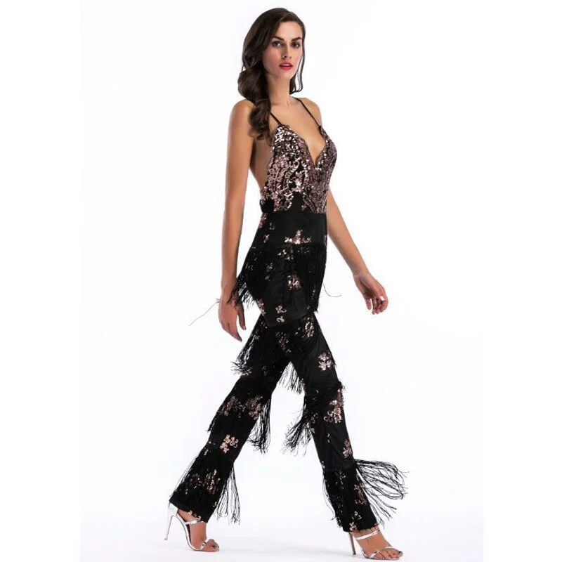 Spaghetti Strap Backless Tassel Sequin Jumpsuits