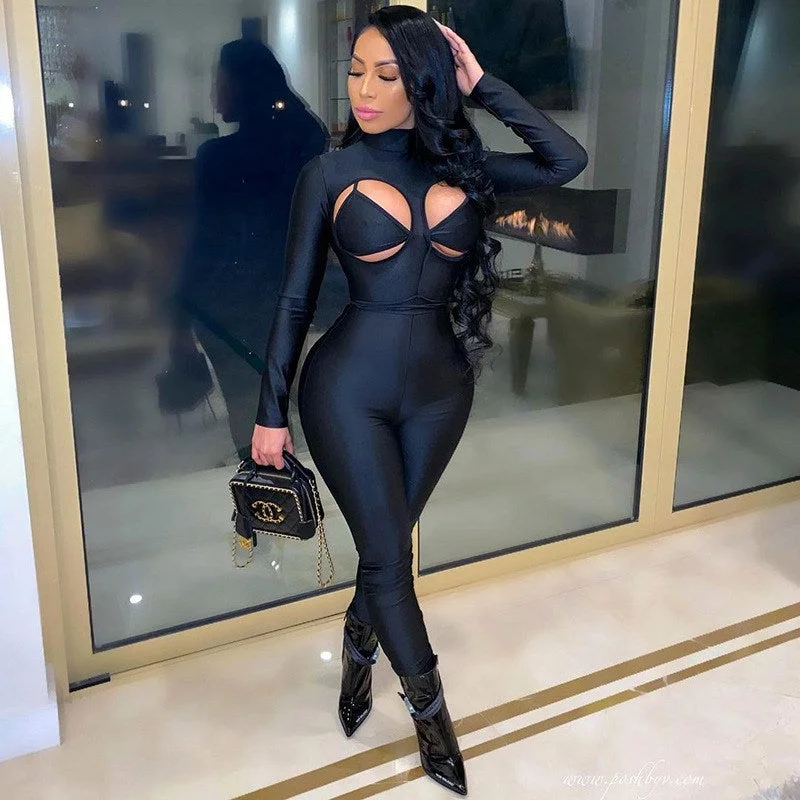 Great Deals Spring long sleeve black hollow out jumpsuits summer sexy bodycon one piece jumpsuit women 2022