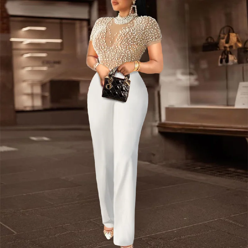 Spring See Through Plus Size Beaded Classy Women Sexy Factory Jumpsuit