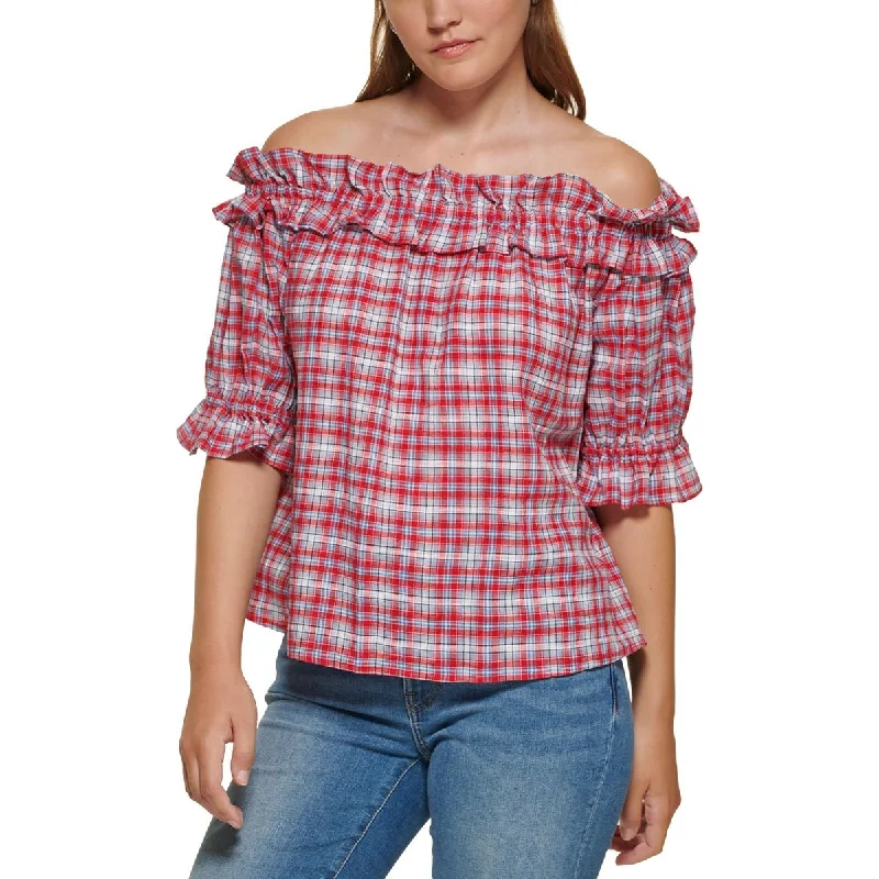Super Deal Tommy Hilfiger Womens Ruffled Plaid Blouse