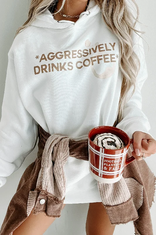 "Aggressively Drinks Coffee" Graphic Hoodie (White) - Print On Demand