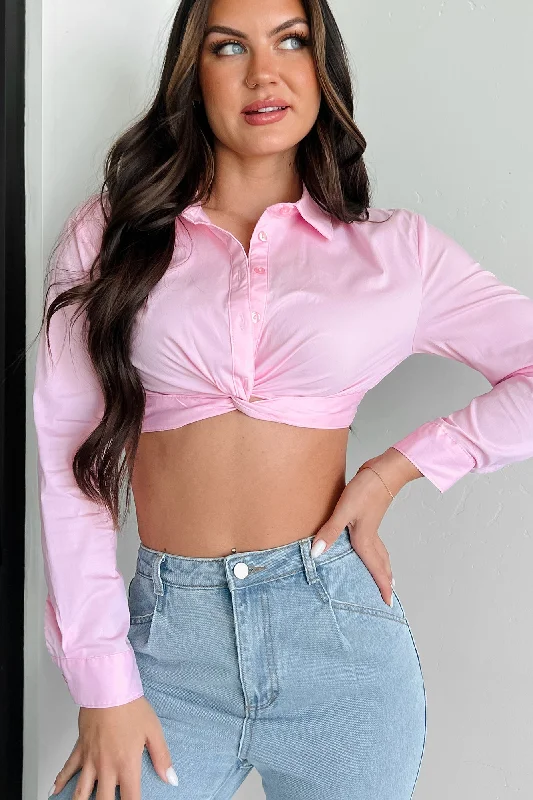 Business Proposition Cropped Button-Down Shirt (Light Pink)