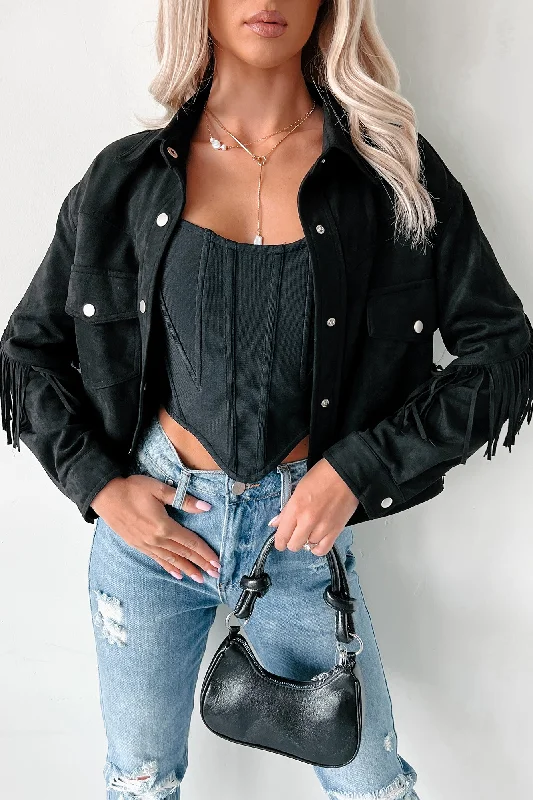 Chasing Cowboys Faux Suede Fringe Shacket (Ash Black)