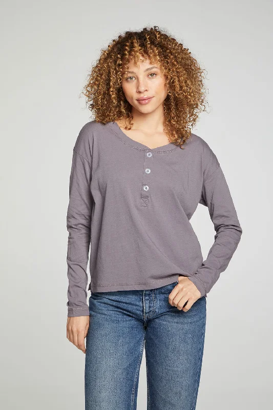 Price Break Cropped Boxy Long Sleeve Henley With Side Slits