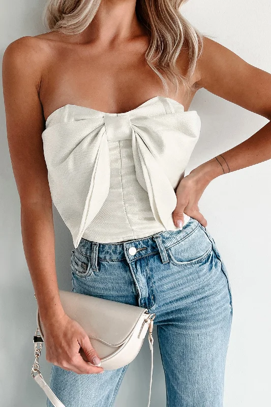 Flirty Glamour Strapless Bow Crop Top (Off White)