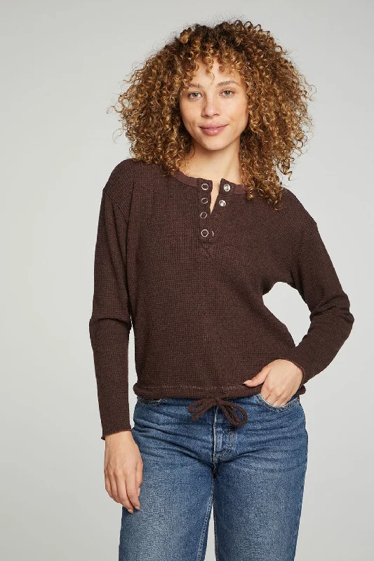 Today’s Deal Long Sleeve Snap Henley Drawstring Waist Tee