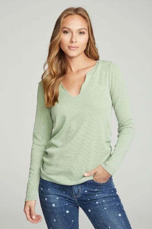 Limited Quantity Long Sleeve Split Neck Rouched Side Tee