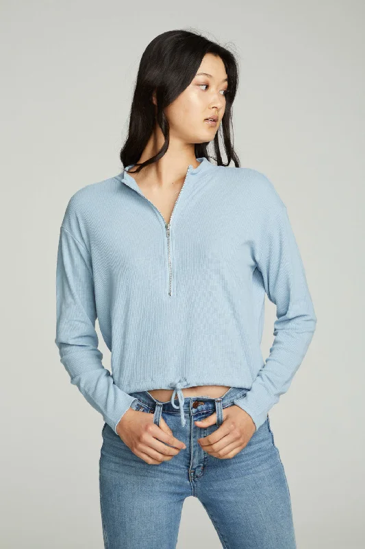 Seasonal Sale Long Sleeve Zipper Mock Neck Semi Cropped Tee