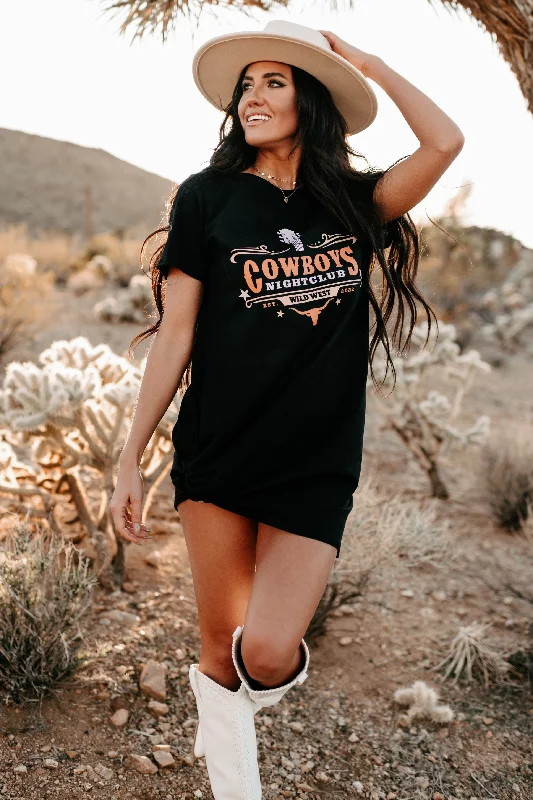 "Cowboys Night Club" Graphic T-Shirt Dress (Black) - Print On Demand