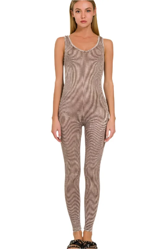 Midnight Sale Zenana Stone Washed Ribbed Seamless Sport Jumpsuit NPW-6369 Mocha