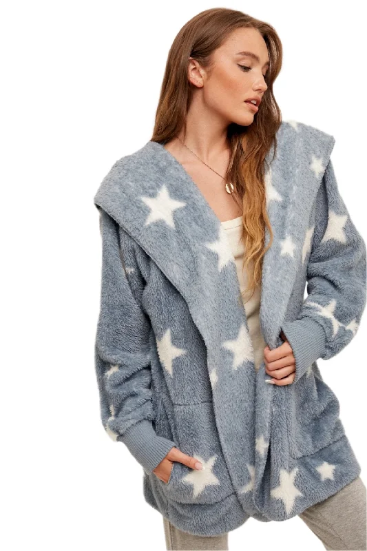 Early Access Hem & Thread Star Print Fuzzy Hooded Jacket 8431W