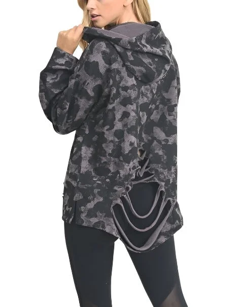 Online Specials Mono B Camo Print Laser Distressed Hoodie KT10821