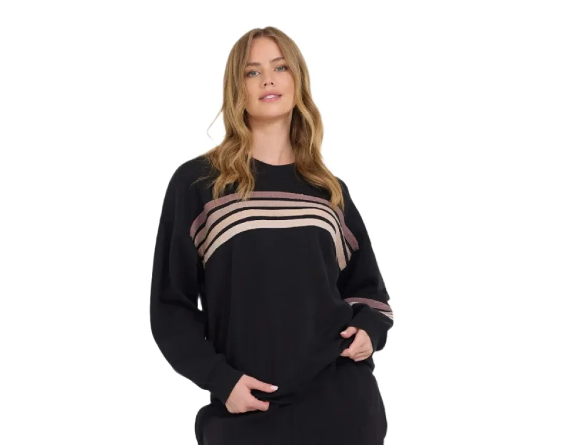 Final Markdown Vintage Havana Neutral Stripe Burnout Fleece Crewneck Sweatshirt Black VH12621